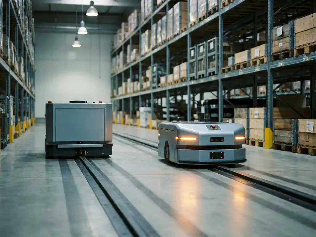 Autonomous mobile robot navigating a modern warehouse aisle beside a stationary AGV on magnetic floor tracks, with towering shelving racks in the background.