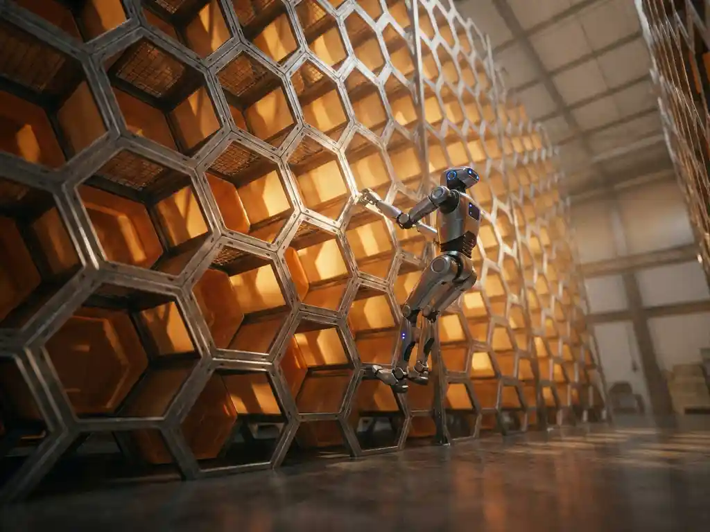 Autonomous robot scaling a towering hexagonal warehouse storage grid, amber honeycomb cells receding upward in dramatic low-angle industrial shot.