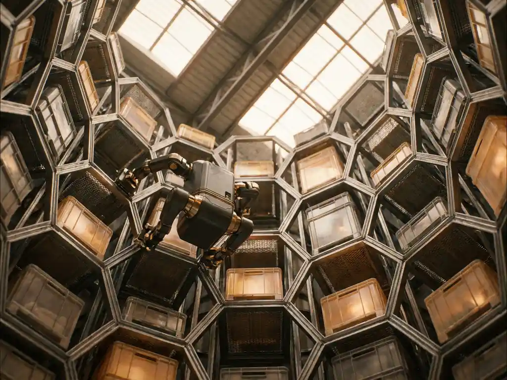 Autonomous robot scaling a tall hexagonal warehouse storage grid, amber light filtering through honeycomb cells, shot from below to emphasize vertical scale.