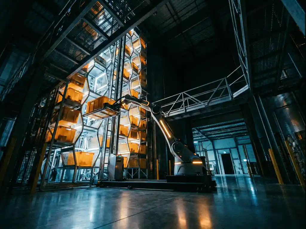 Autonomous robot climbing the interior of a tall hexagonal storage tower with honeycomb-patterned tote cells in a steel-blue warehouse.