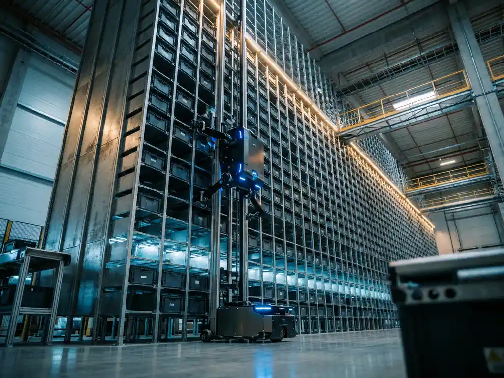 Autonomous robot climbing vertical hexagonal storage grid in a 16-meter warehouse, totes filling honeycomb bays under blue and amber industrial lighting.