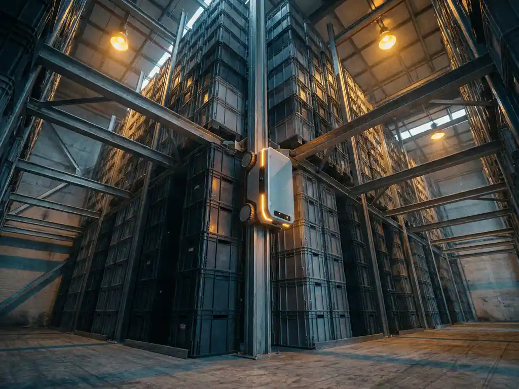 Autonomous robot climbing a tall hexagonal warehouse storage grid under amber industrial lighting.