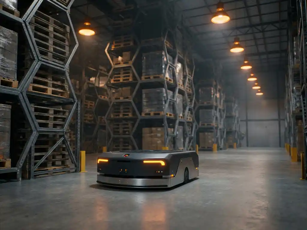Autonomous mobile robot navigating a warehouse aisle past towering hexagonal storage structures under warm amber industrial lighting.