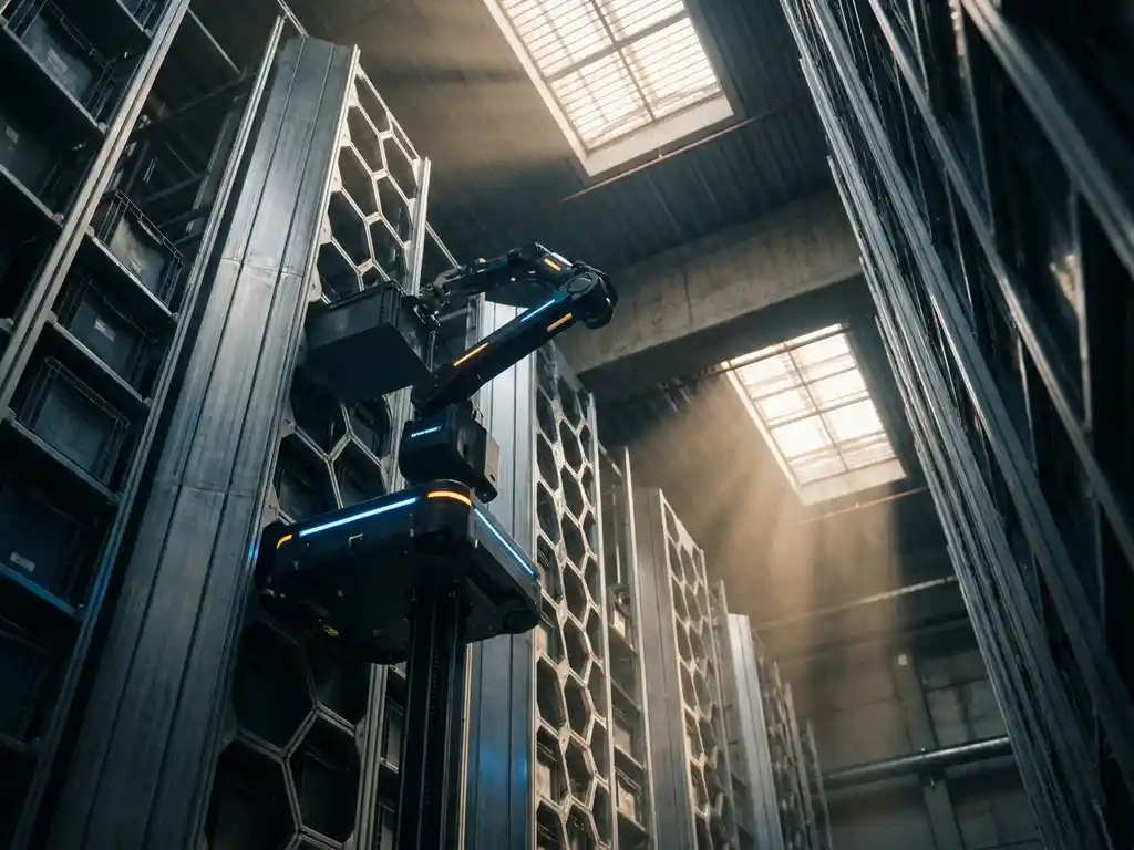 Autonomous warehouse robot climbing a hexagonal aluminum storage grid, retrieving a tote amid dramatic light shafts from skylights above.