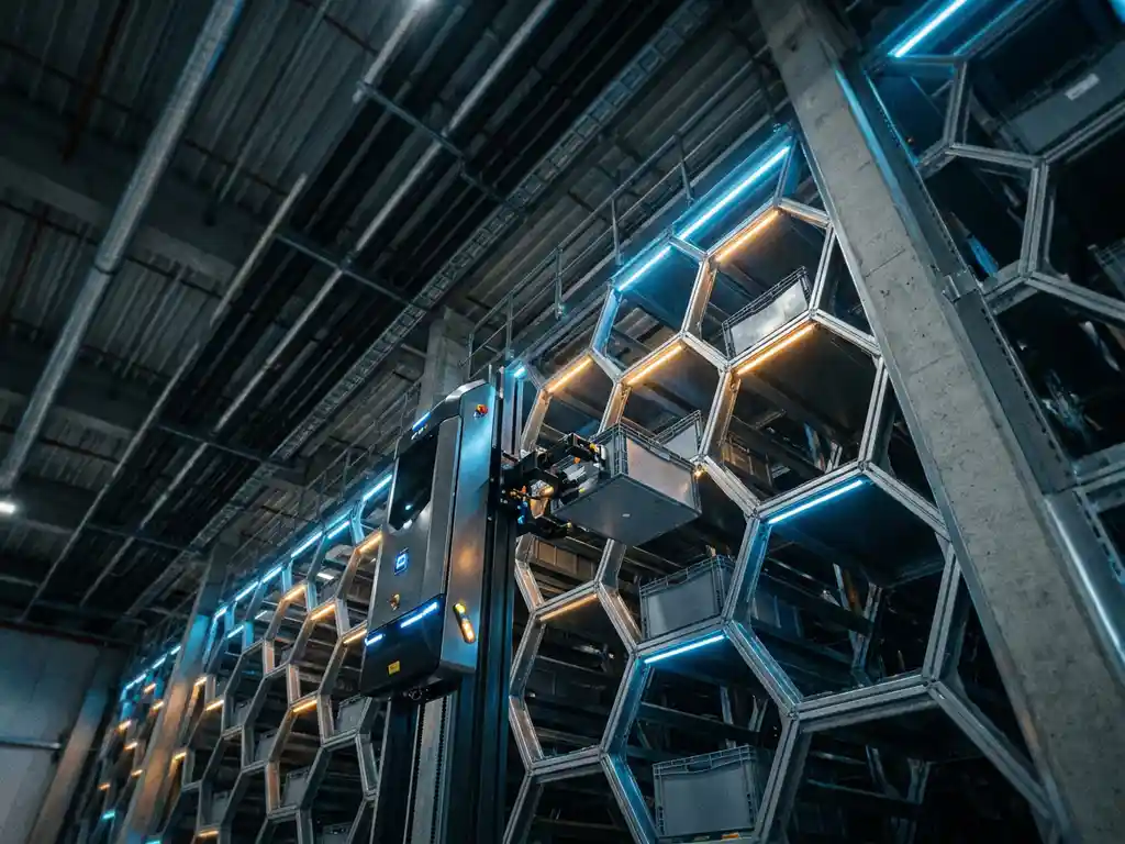 Autonomous warehouse robot scaling a 16-meter hexagonal storage grid, totes slotting into honeycomb bays under blue and amber industrial lighting.