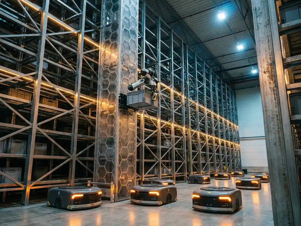 Autonomous robots navigating a towering hexagonal warehouse storage grid, one unit mid-climb retrieving a tote under amber industrial lighting.