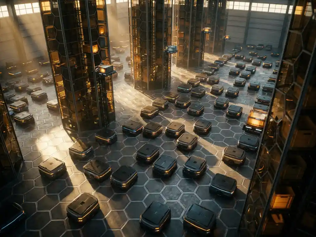 Autonomous warehouse robots in formation on a hexagonal grid floor, climbing honeycomb storage towers under golden industrial lighting.