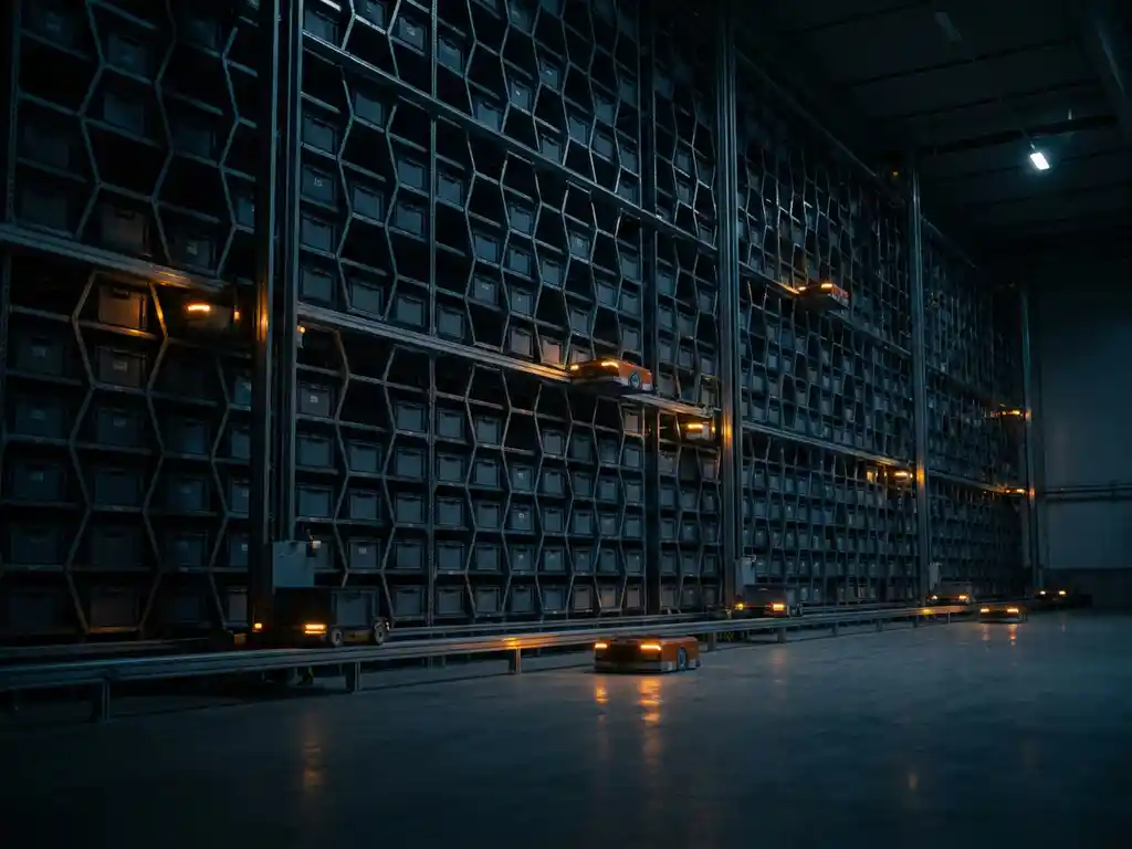 Autonomous warehouse robots with amber indicator lights navigate a towering hexagonal storage grid in a dark, human-free fulfillment center.