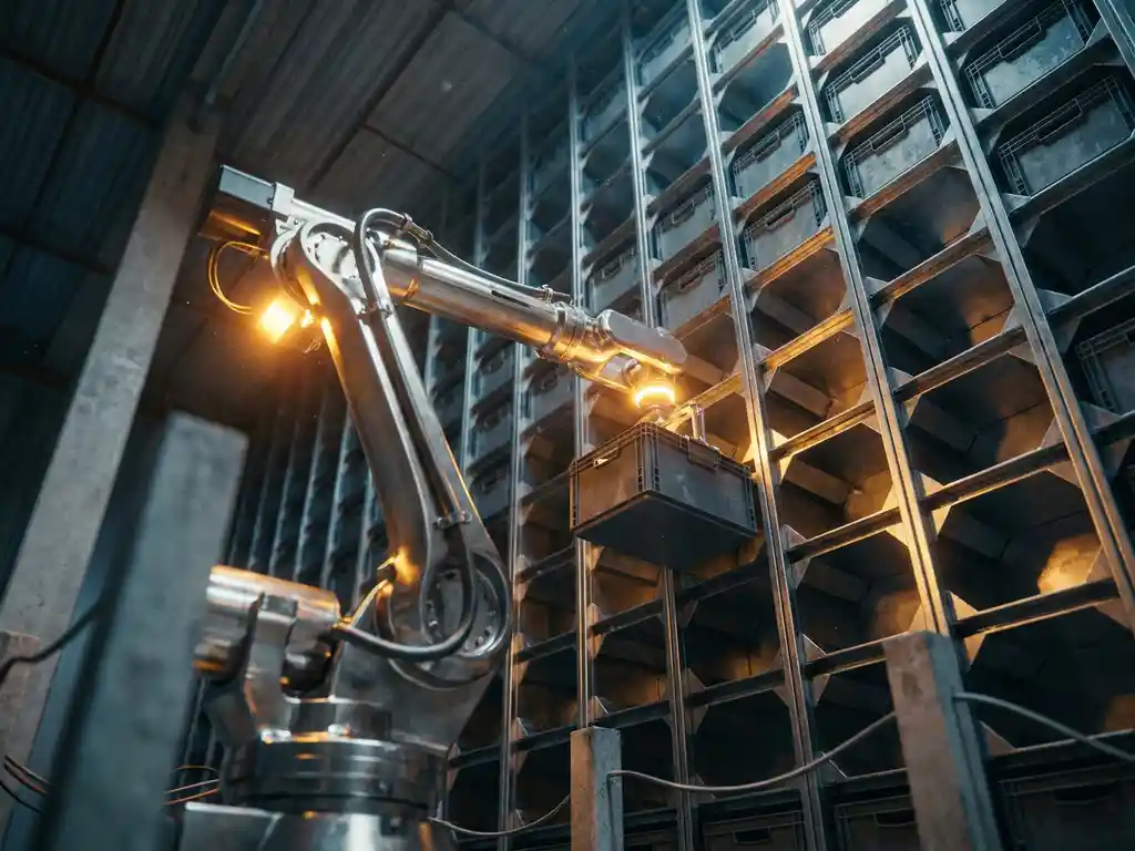 Robotic arm retrieving a product tote from a towering hexagonal storage grid inside a large fulfillment center warehouse.