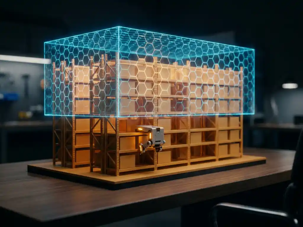 Holographic digital twin of a warehouse grid hovering above a physical scale model, with a small autonomous robot climbing the rack below.