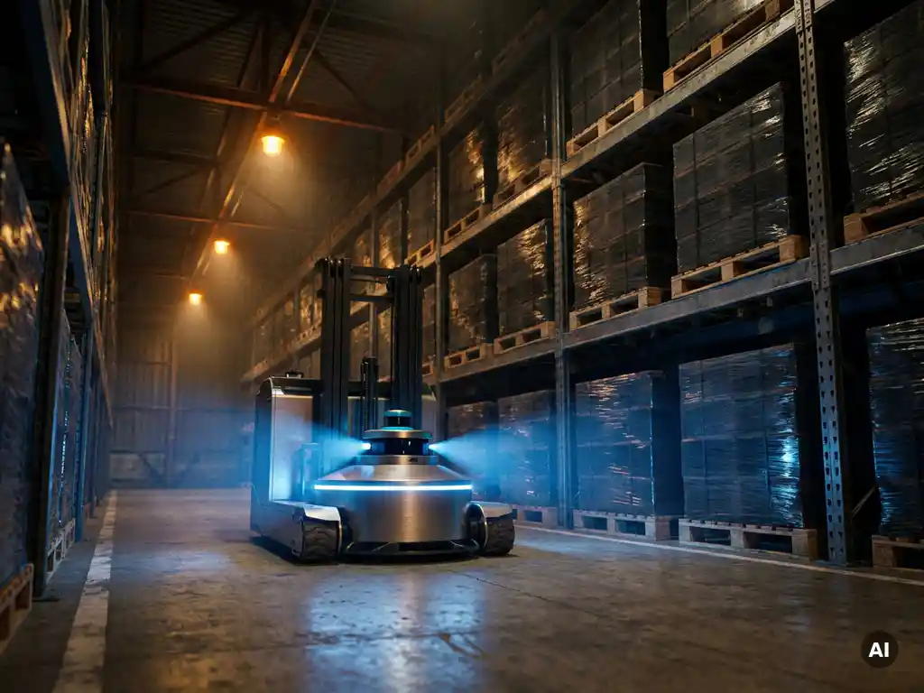 Autonomous forklift navigating a dimly lit warehouse aisle, blue sensor glow illuminating towering steel shelving stacked with pallets.
