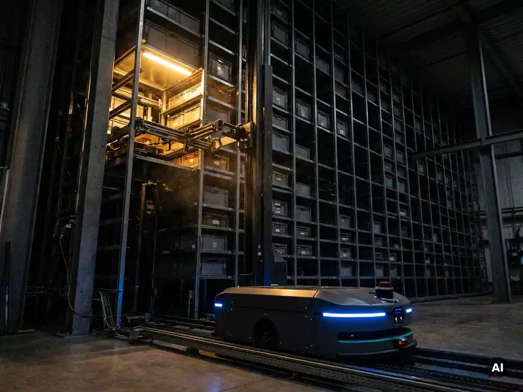 Autonomous warehouse robot with blue indicator lights navigating a towering hexagonal storage grid, amber light illuminating one active zone amid deep shadows.