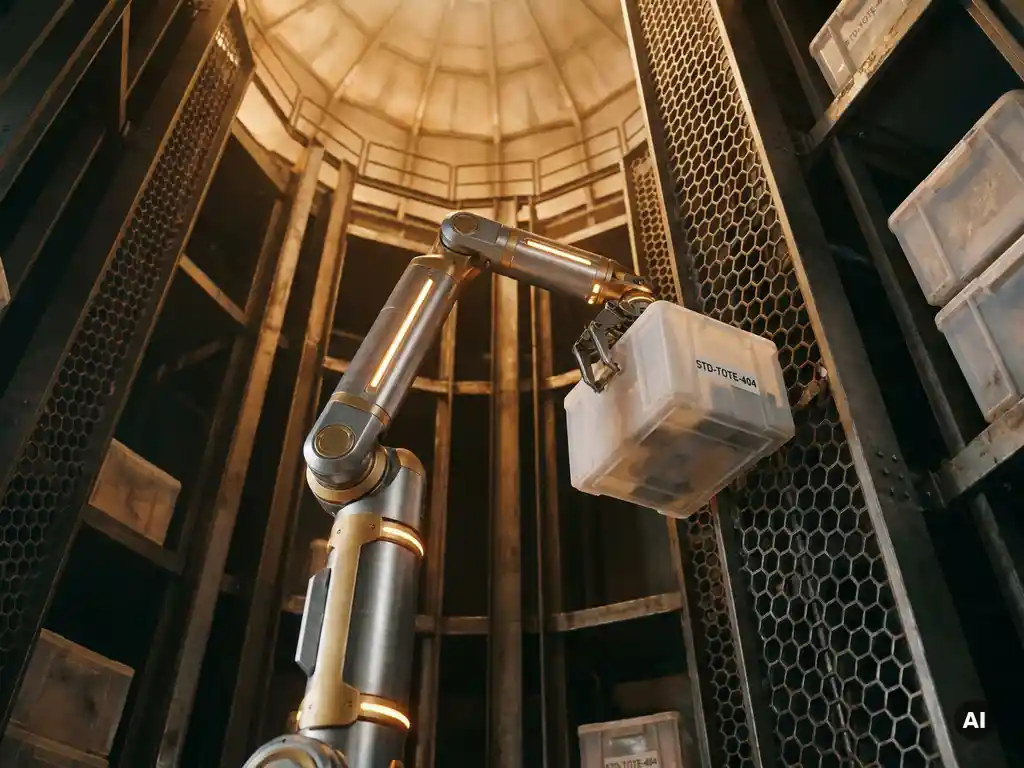 Autonomous warehouse robot climbing a hexagonal storage grid to retrieve a tote, amber light filtering through honeycomb structure above.