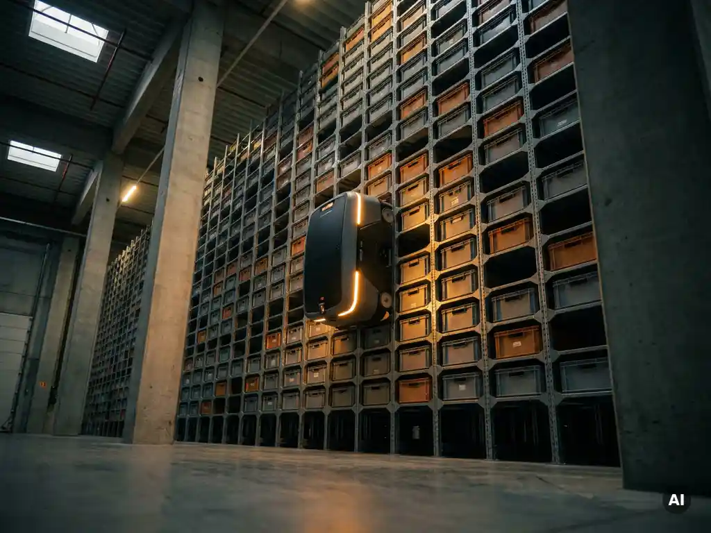 Autonomous warehouse robot climbing a towering hexagonal storage grid, with amber-lit honeycomb steel columns and organized totes stretching toward an industrial ceiling.