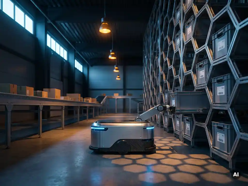 Autonomous warehouse robot retrieving a labeled tote from a towering hexagonal storage grid, with a returns conveyor belt visible in the background.