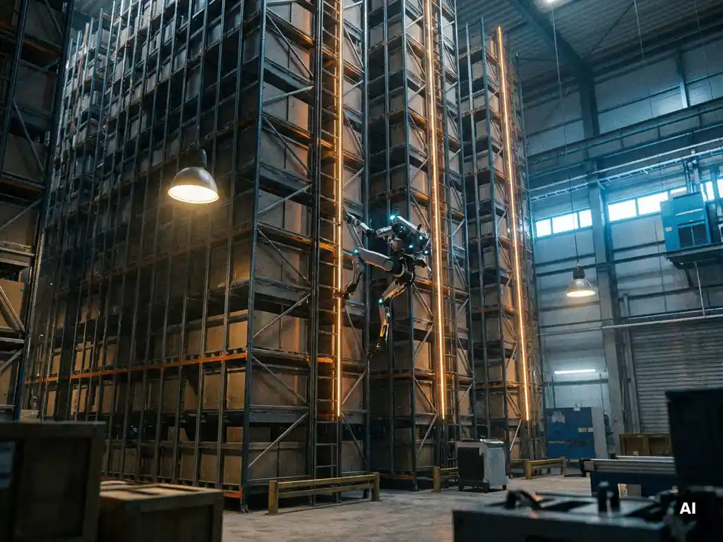 Autonomous robot climbing a vertical tower inside a hexagonal warehouse storage grid under warm amber industrial lighting.