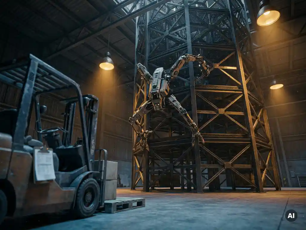 Hexxabot autonomous robot climbing a towering hexagonal warehouse storage grid, amber spotlights illuminating the honeycomb steel structure from below.