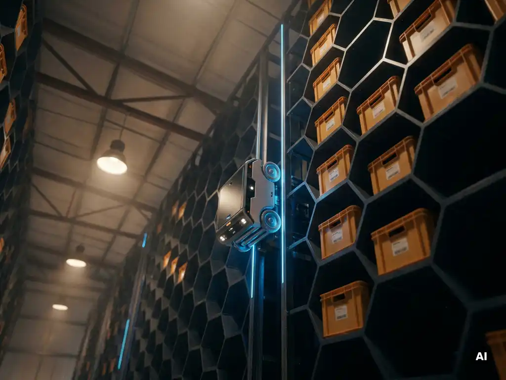 Autonomous mobile robot climbing a hexagonal steel storage grid in a large warehouse, with standardized totes slotted into honeycomb cells reaching the ceiling.