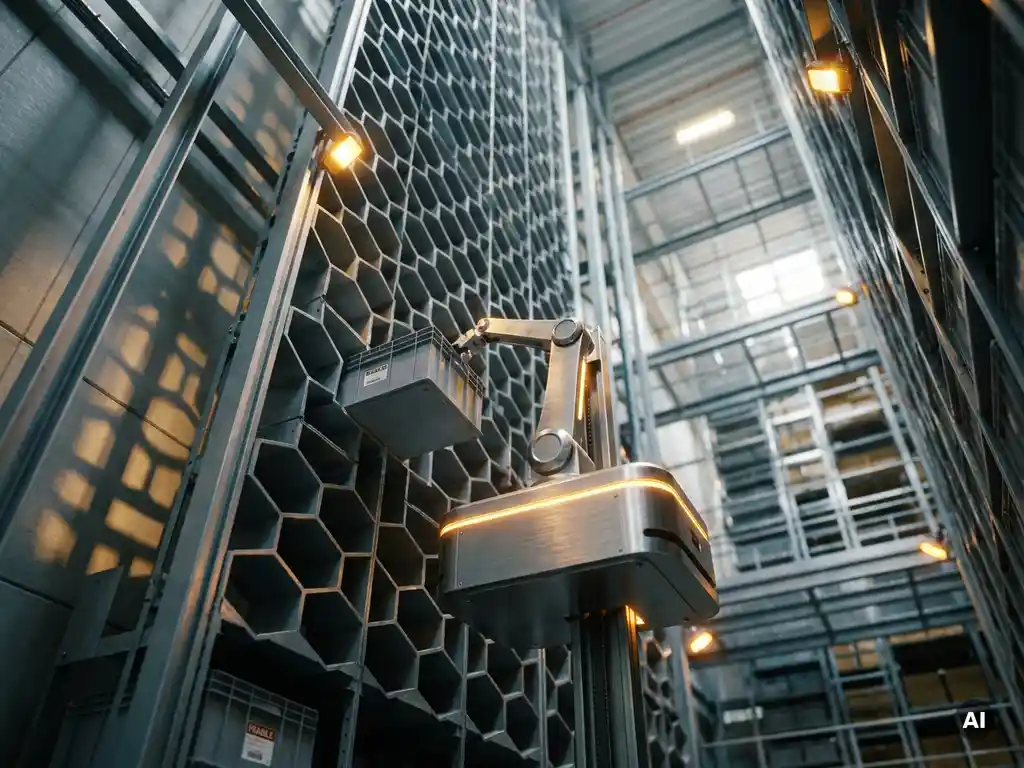 Autonomous mobile robot retrieving a tote from a 16-meter hexagonal vertical storage grid in a vast warehouse interior.