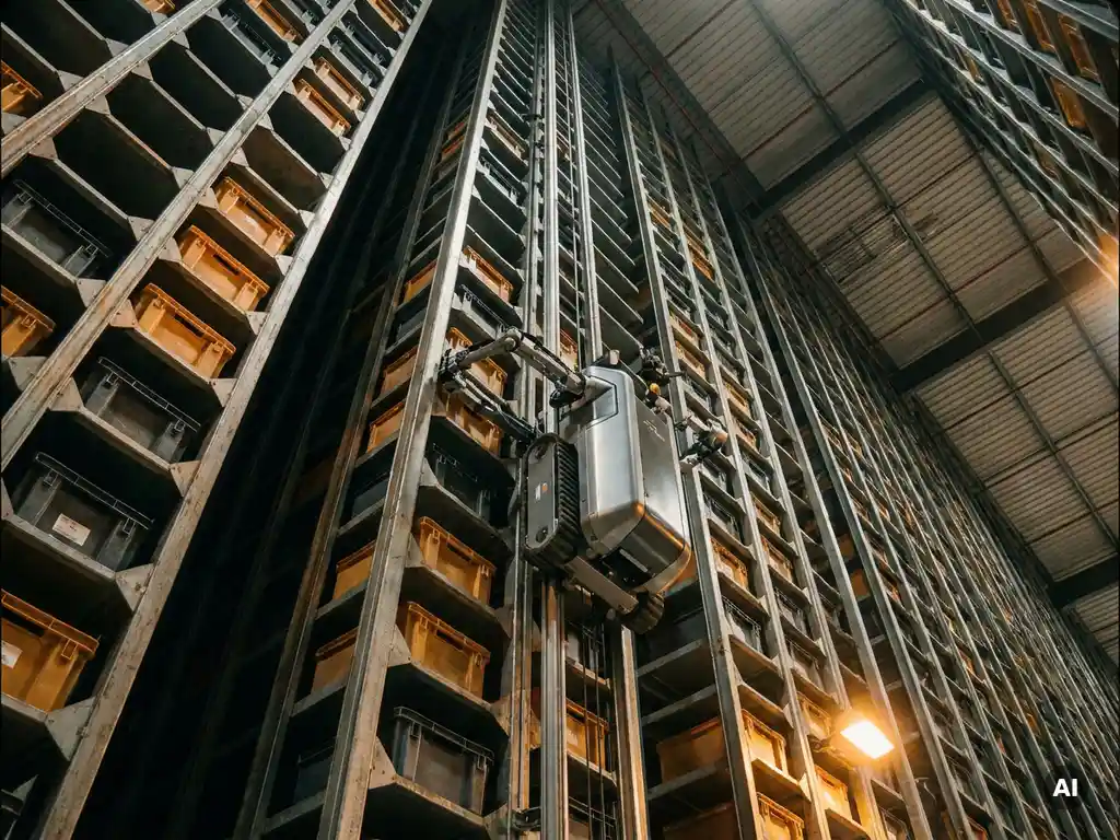 Autonomous robot scaling a tall hexagonal warehouse storage grid with honeycomb totes, shot from below in warm amber and charcoal tones.