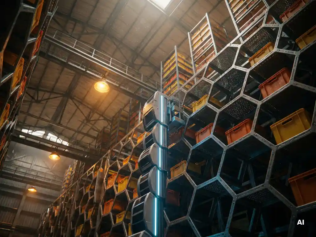 Autonomous robot climbing a towering hexagonal warehouse storage grid, totes slotted into honeycomb cells under dramatic overhead lighting.