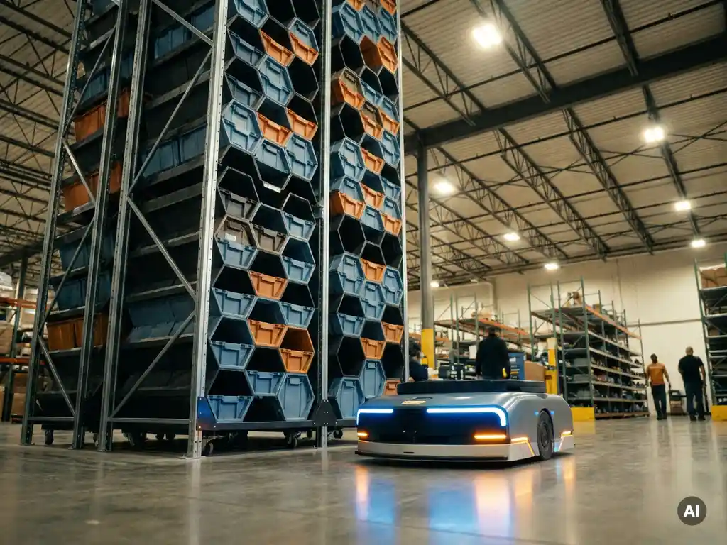 Autonomous mobile robot navigating a warehouse floor toward a towering hexagonal storage grid with totes in honeycomb bays.