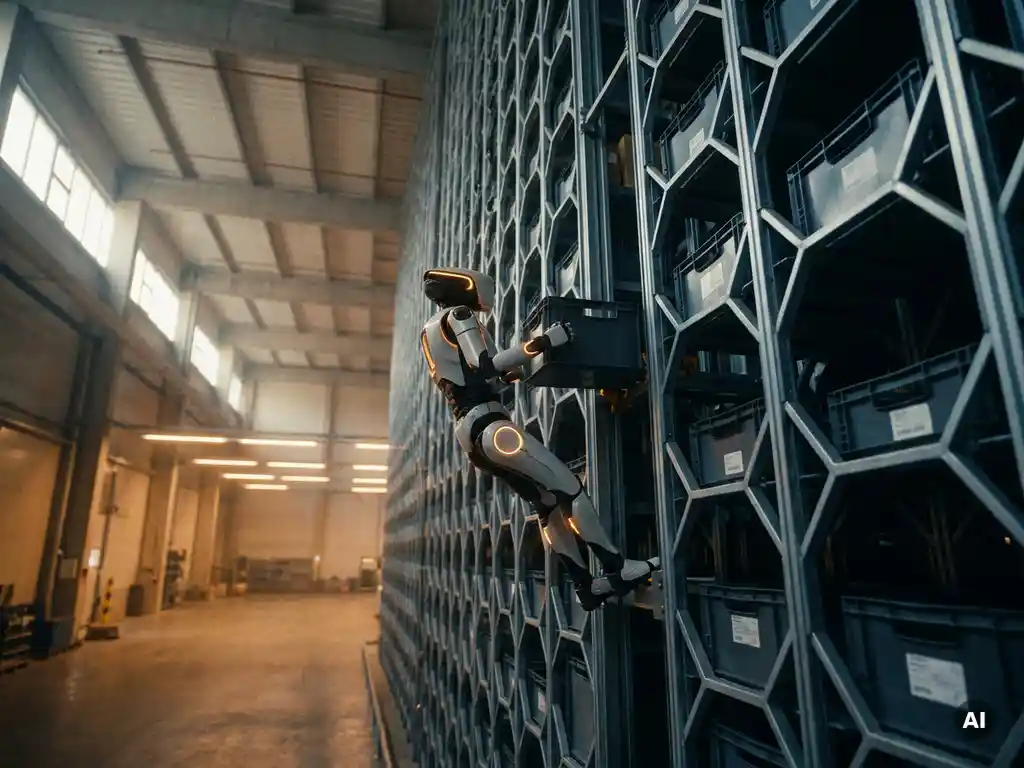 Autonomous robot climbing a tall hexagonal warehouse storage grid to retrieve a tote, shot from below with amber accent lighting.