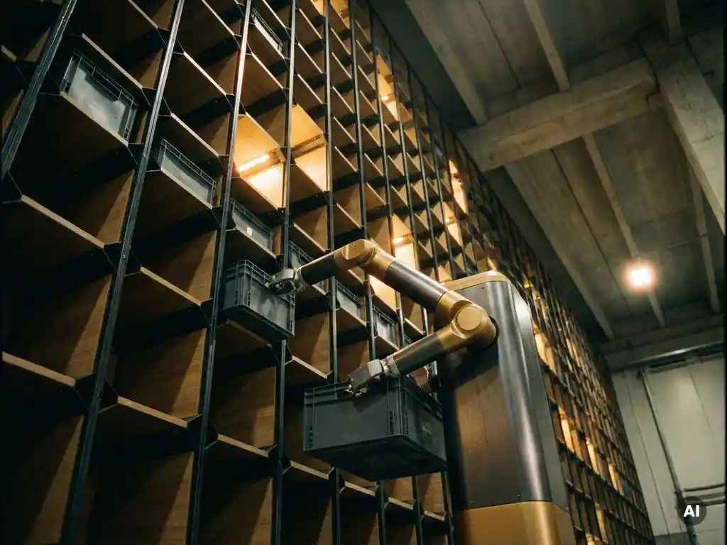 Autonomous robot retrieving a tote from a towering hexagonal warehouse storage grid under warm amber lighting.