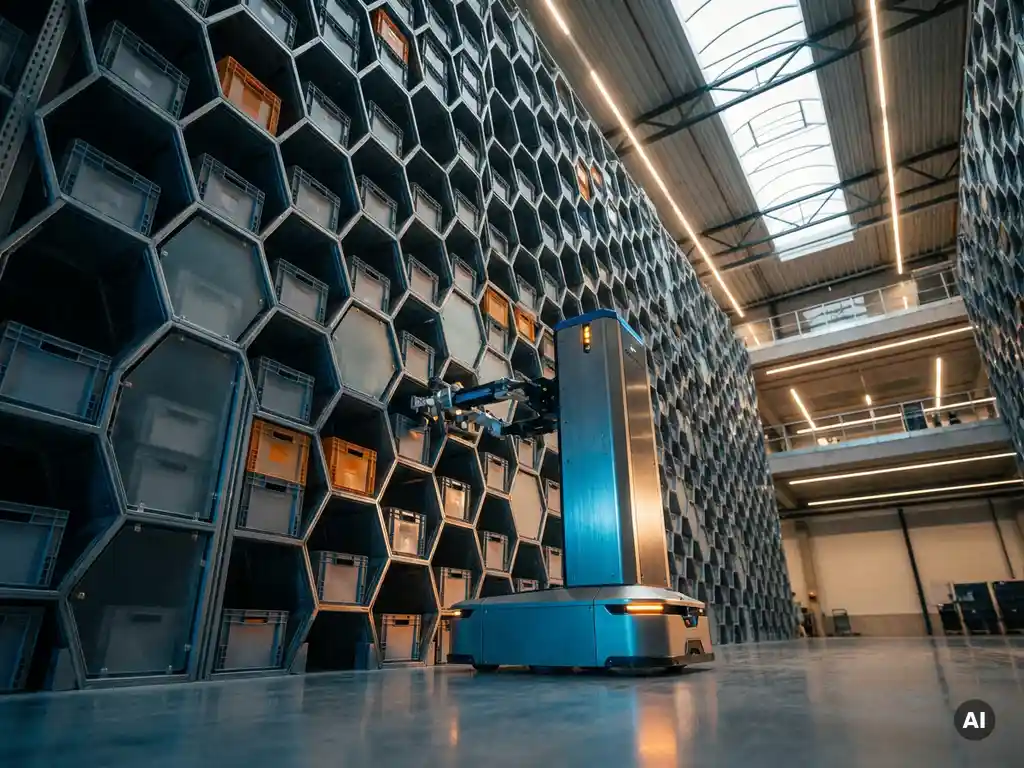 Autonomous robot climbing a 16-meter hexagonal storage grid in a modern warehouse, amber and steel-blue lighting casting geometric shadows across honeycomb tote bays.