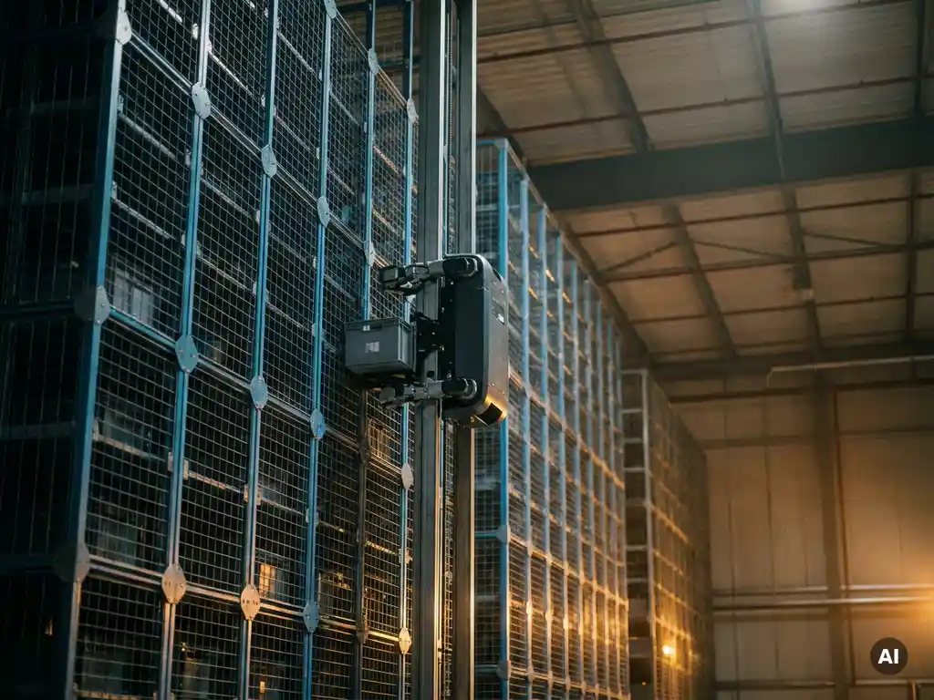 Autonomous warehouse robot climbing a hexagonal storage tower to retrieve a tote, illuminated by amber industrial lighting against a shadowed honeycomb grid.