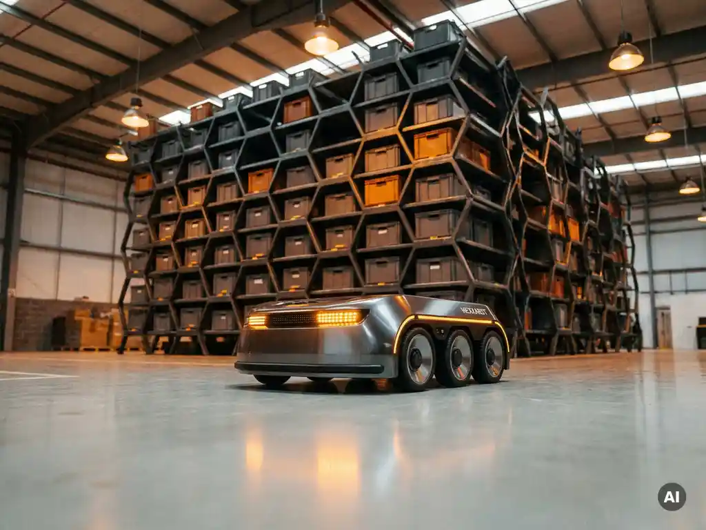 Hexxabot autonomous robot moving across a warehouse floor beneath a hexagonal vertical storage grid with totes in honeycomb columns.