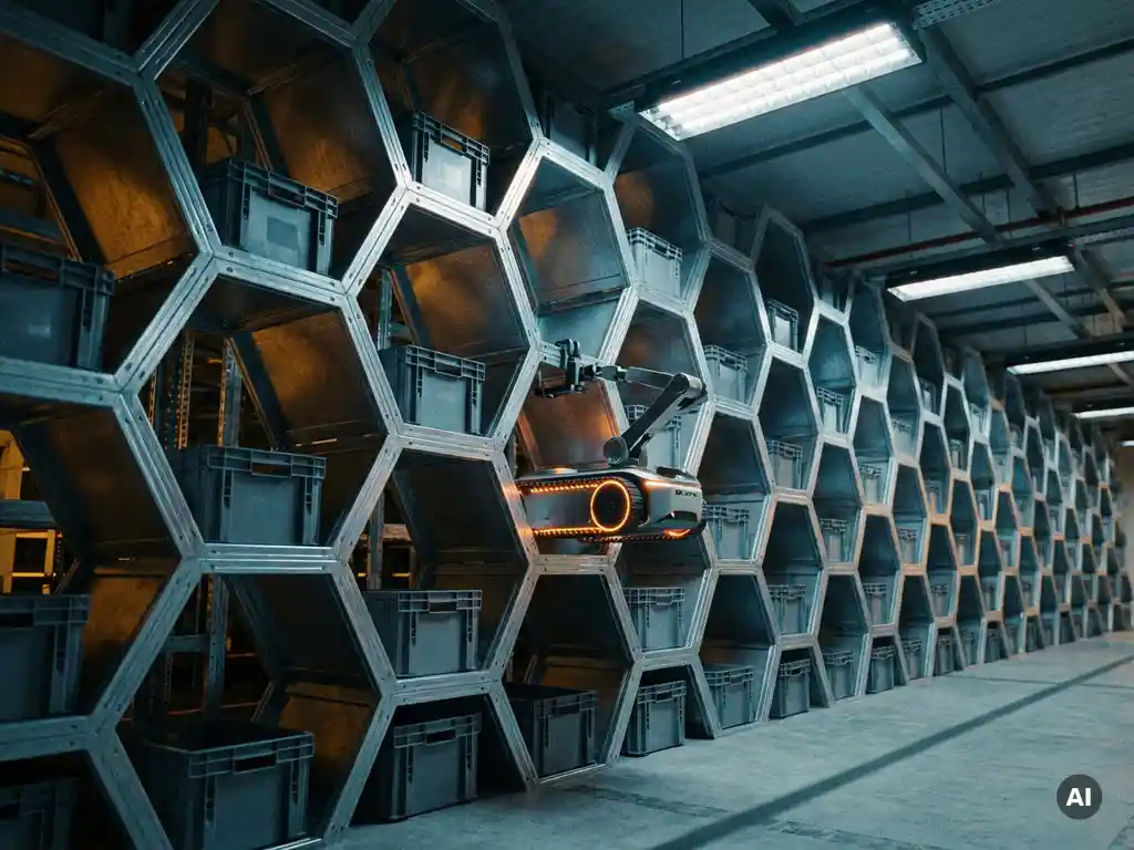 Autonomous robot climbing inside a 16-meter hexagonal warehouse grid, rows of storage totes receding into steel-blue and amber industrial space.