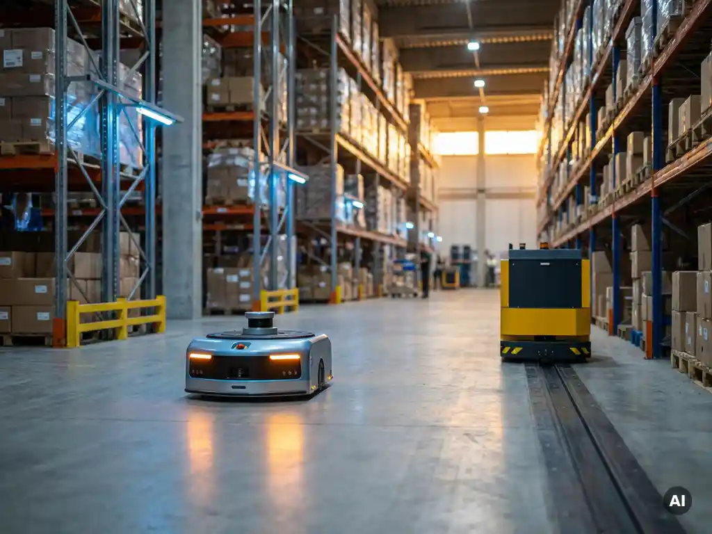 Autonomous mobile robot navigating a modern warehouse aisle freely alongside a track-guided AGV, with towering storage racks overhead.