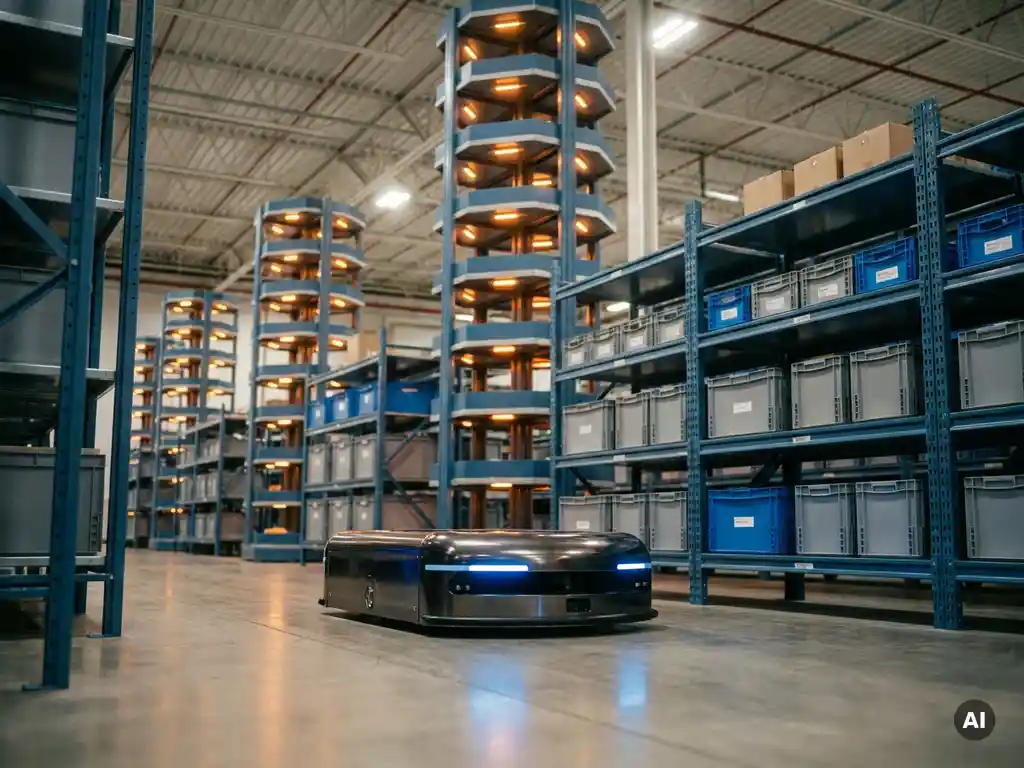 Autonomous mobile robot navigating a modern warehouse aisle flanked by towering hexagonal storage racks with organized totes.