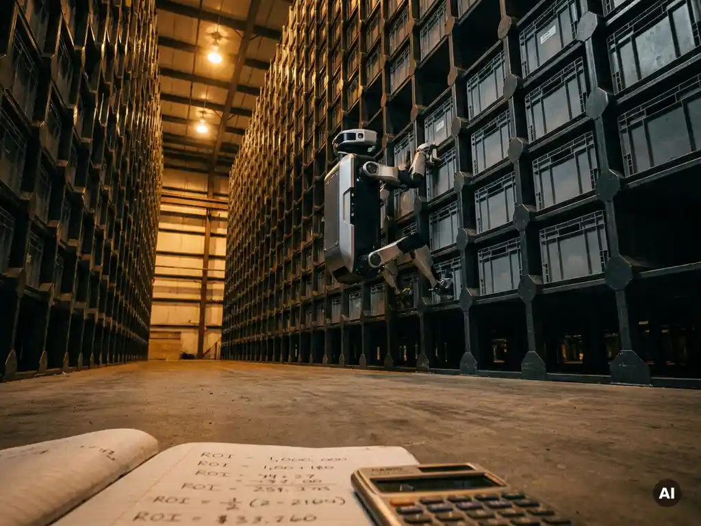 Autonomous warehouse robot climbing a tall hexagonal storage grid, amber light streaming from above, ROI notes and calculator on the concrete floor below.