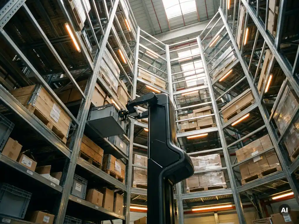 Autonomous robot climbing a tall hexagonal warehouse storage grid to retrieve a tote, amber-lit industrial shelving stretching to ceiling height.