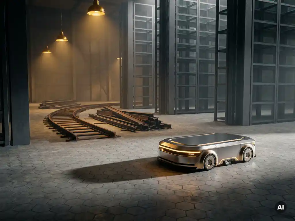 Autonomous mobile robot navigating hexagonal warehouse floor beside dismantled rail tracks, with 16-meter storage towers in dramatic industrial lighting.