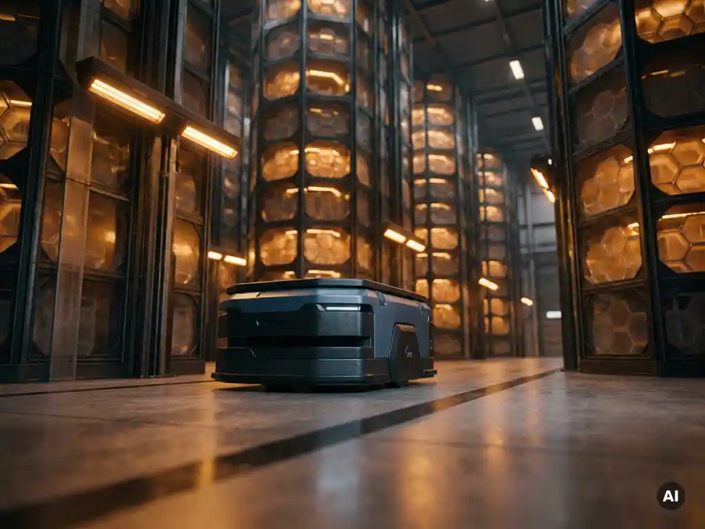 Autonomous mobile robot paused in a modern warehouse aisle beneath towering hexagonal storage units with amber industrial lighting.