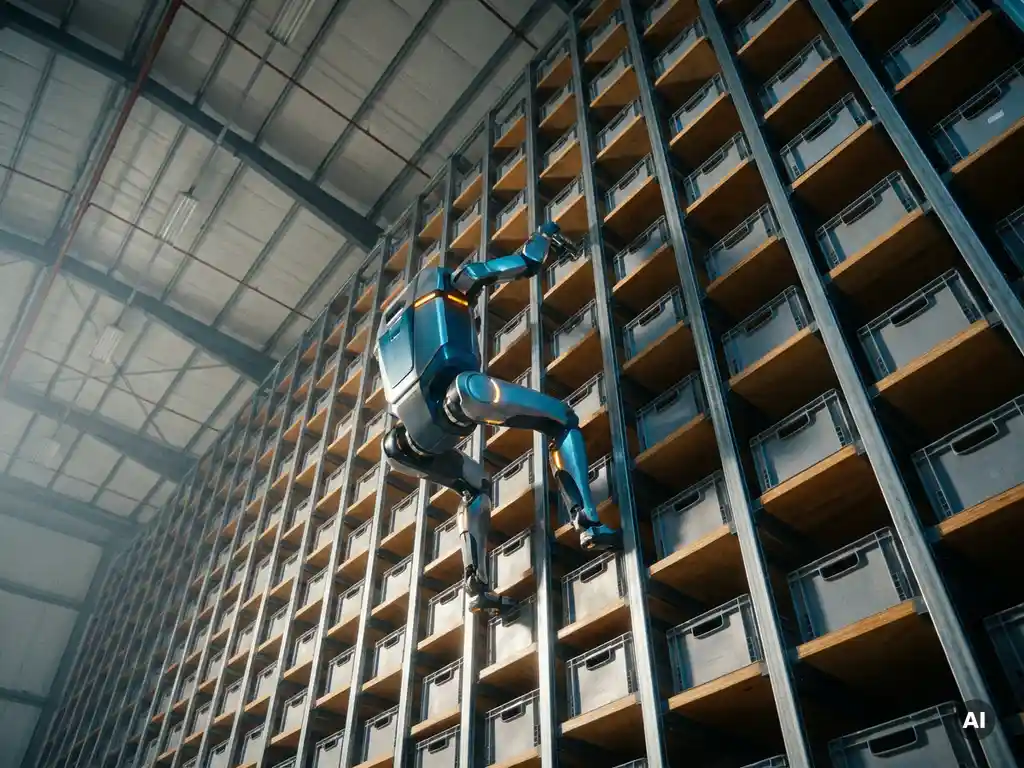 Autonomous robot scaling a tall hexagonal storage grid in a modern warehouse, with totes slotted into honeycomb cells under industrial lighting.