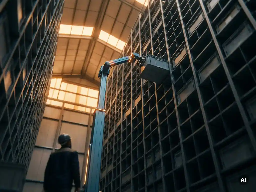 Autonomous warehouse robot retrieving a tote from a towering hexagonal storage grid, with a worker observing below in amber-lit industrial facility.