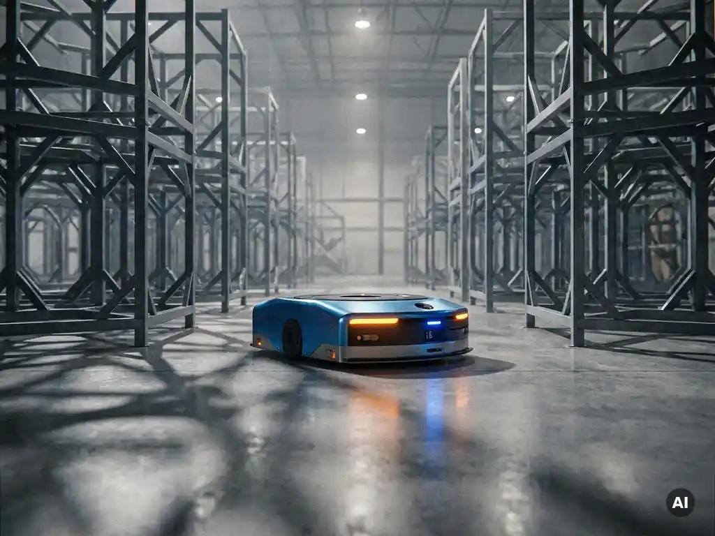 Autonomous mobile robot navigating a warehouse floor beneath towering hexagonal storage towers, with steel-blue and amber industrial lighting.