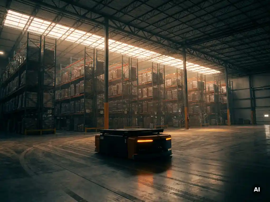 Autonomous mobile robot navigating a warehouse floor beneath towering hexagonal storage towers in amber industrial light.
