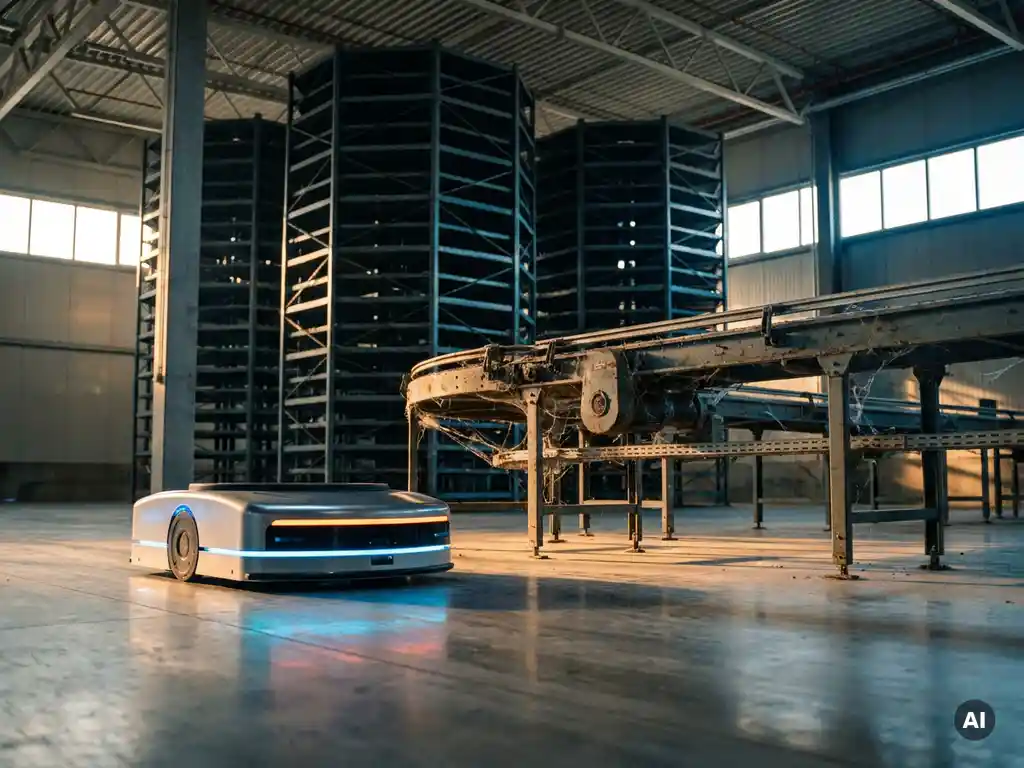 Autonomous mobile robot navigating a warehouse floor past a dusty legacy conveyor belt, with towering hexagonal storage units in the background.