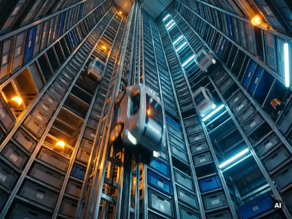 Autonomous robot mid-climb inside a 16-meter hexagonal warehouse storage grid, amber and blue industrial lighting emphasizing mechanical scale and precision.