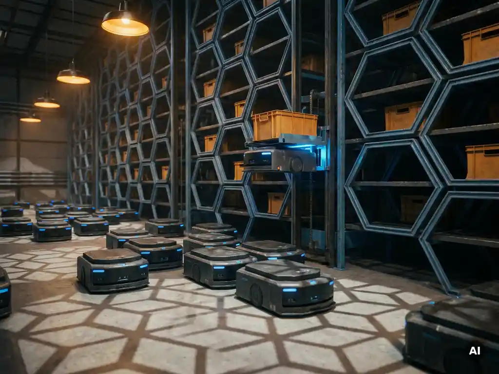 Autonomous robots in coordinated formation beneath a towering hexagonal storage grid, one robot climbing a vertical tower to retrieve a tote in an amber-lit warehouse.