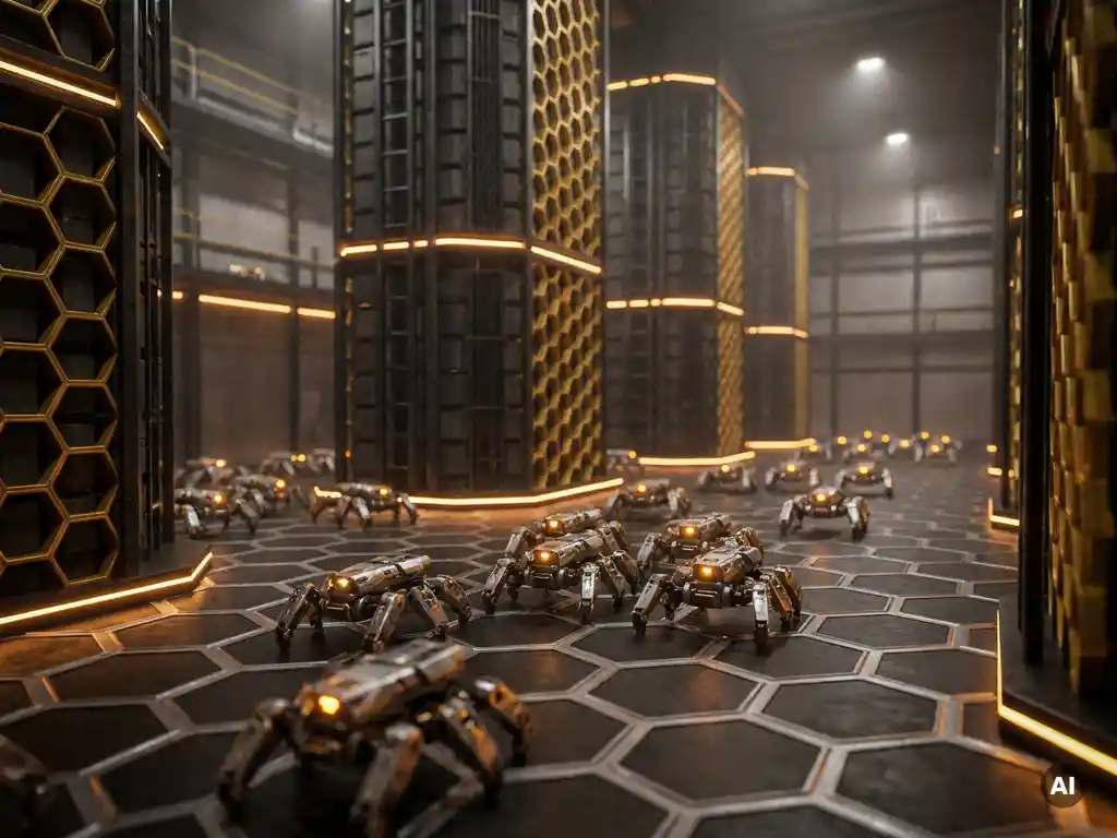 Autonomous robots swarming a towering hexagonal warehouse grid, climbing vertical storage columns under warm amber industrial lighting.