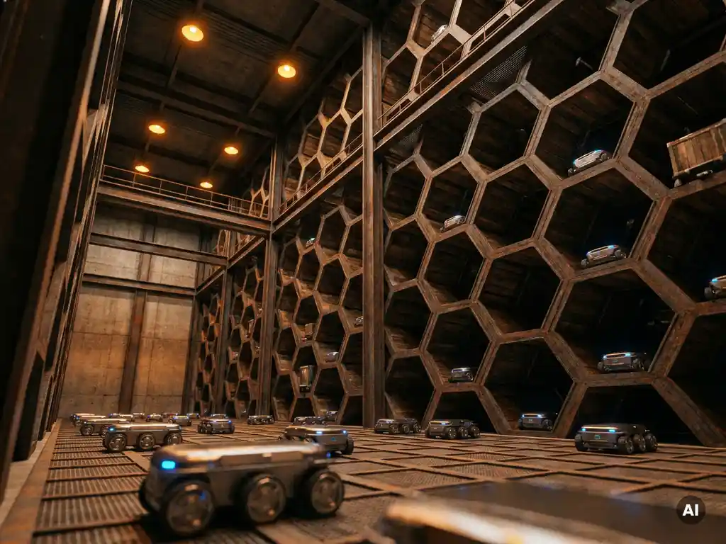 Autonomous warehouse robots climbing and navigating a towering hexagonal storage grid under warm amber industrial lighting.