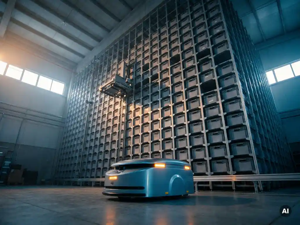 Autonomous warehouse robot beside a tall hexagonal storage grid with honeycomb totes, second robot mid-climb, shot from low wide angle emphasizing scale.