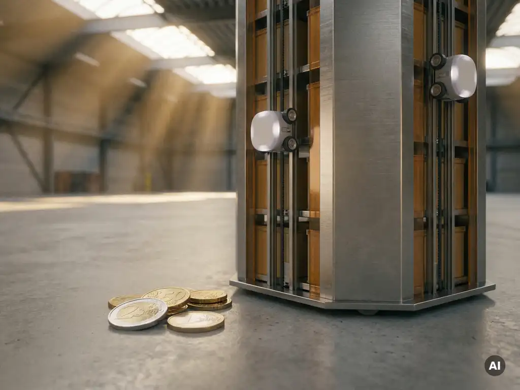 Euro coins stacked on a warehouse floor beside a tall hexagonal automated storage tower with robots climbing vertical shafts in golden light.
