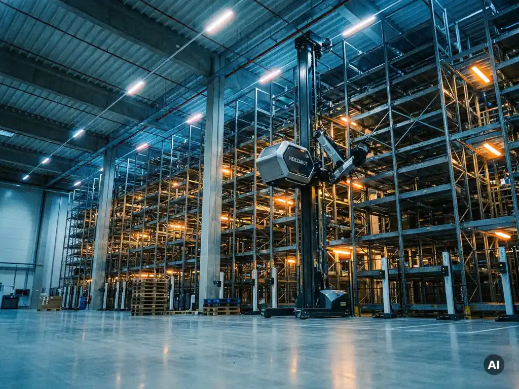 Hexxabot robot climbing a vertical tower inside a hexagonal automated storage grid in a modern warehouse.